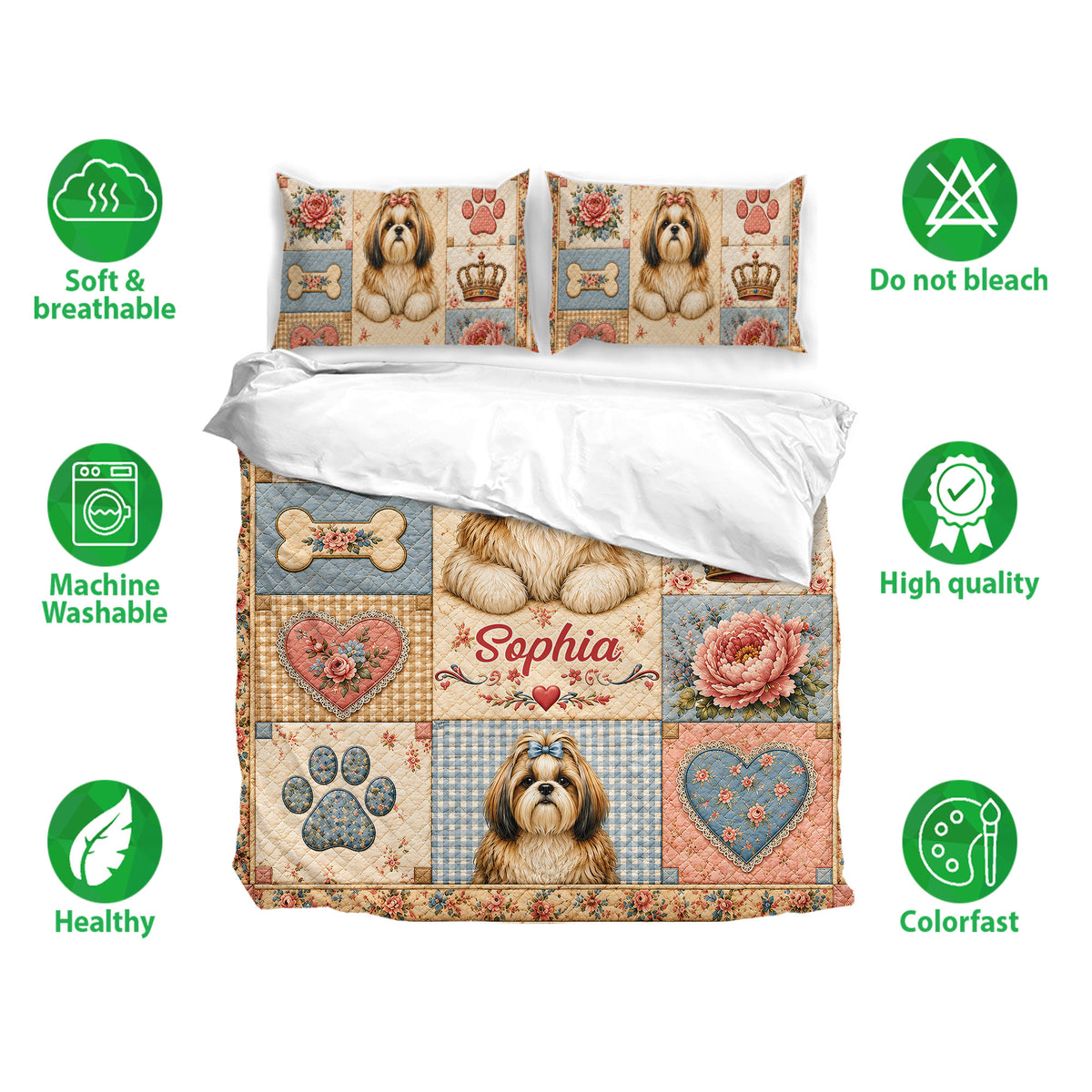 Shih Tzu bedding set presentation with matching printed pillows, floral motifs, paw prints, and soft pastel colors