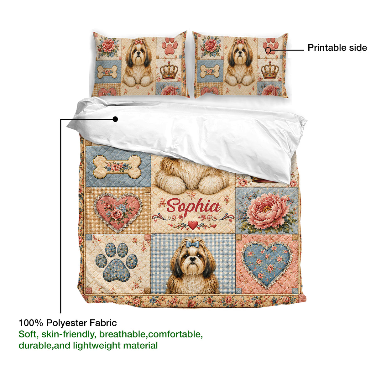 Shih Tzu duvet cover artwork shown with printed side detail and a floral patchwork dog design