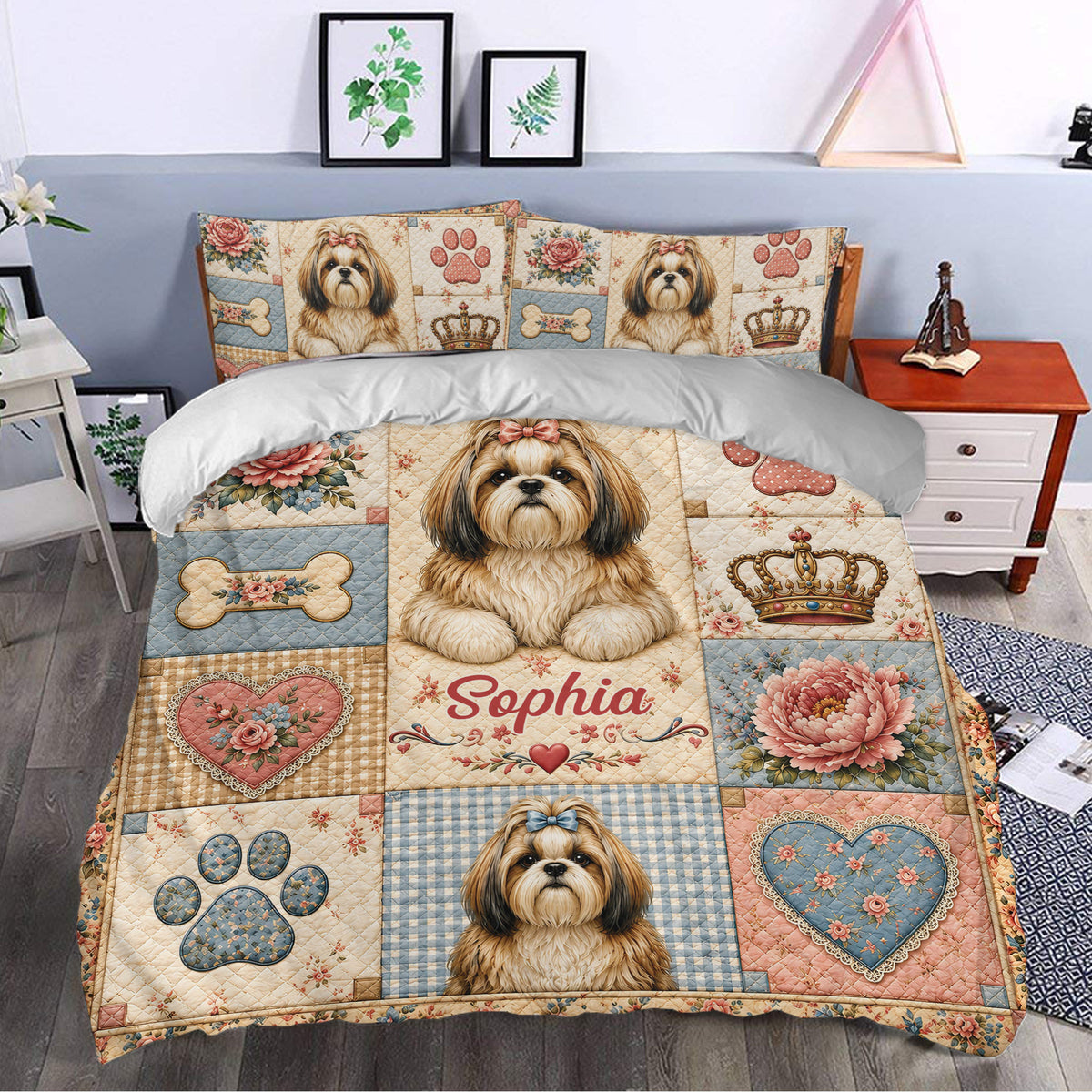 Shih Tzu duvet cover set styled in a bedroom with a central dog portrait, flowers, hearts, and crown motifs