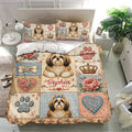 Shih Tzu bedding set shown in a bright bedroom with matching pillows, floral accents, paw prints, and dog portraits