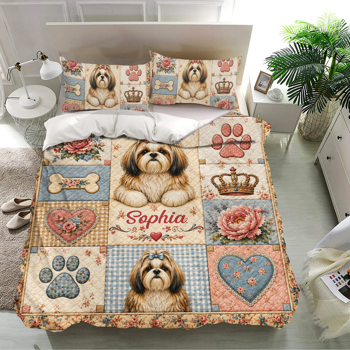 Shih Tzu bedding set shown in a bright bedroom with matching pillows, floral accents, paw prints, and dog portraits