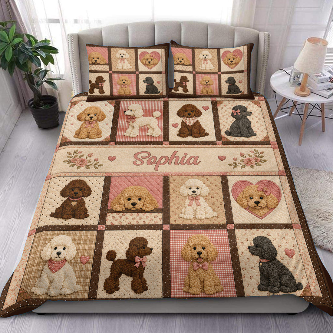 Custom poodle duvet cover set displayed on a bed with matching pillowcases and pink floral accents