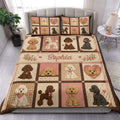 Custom poodle duvet cover set displayed on a bed with matching pillowcases and pink floral accents