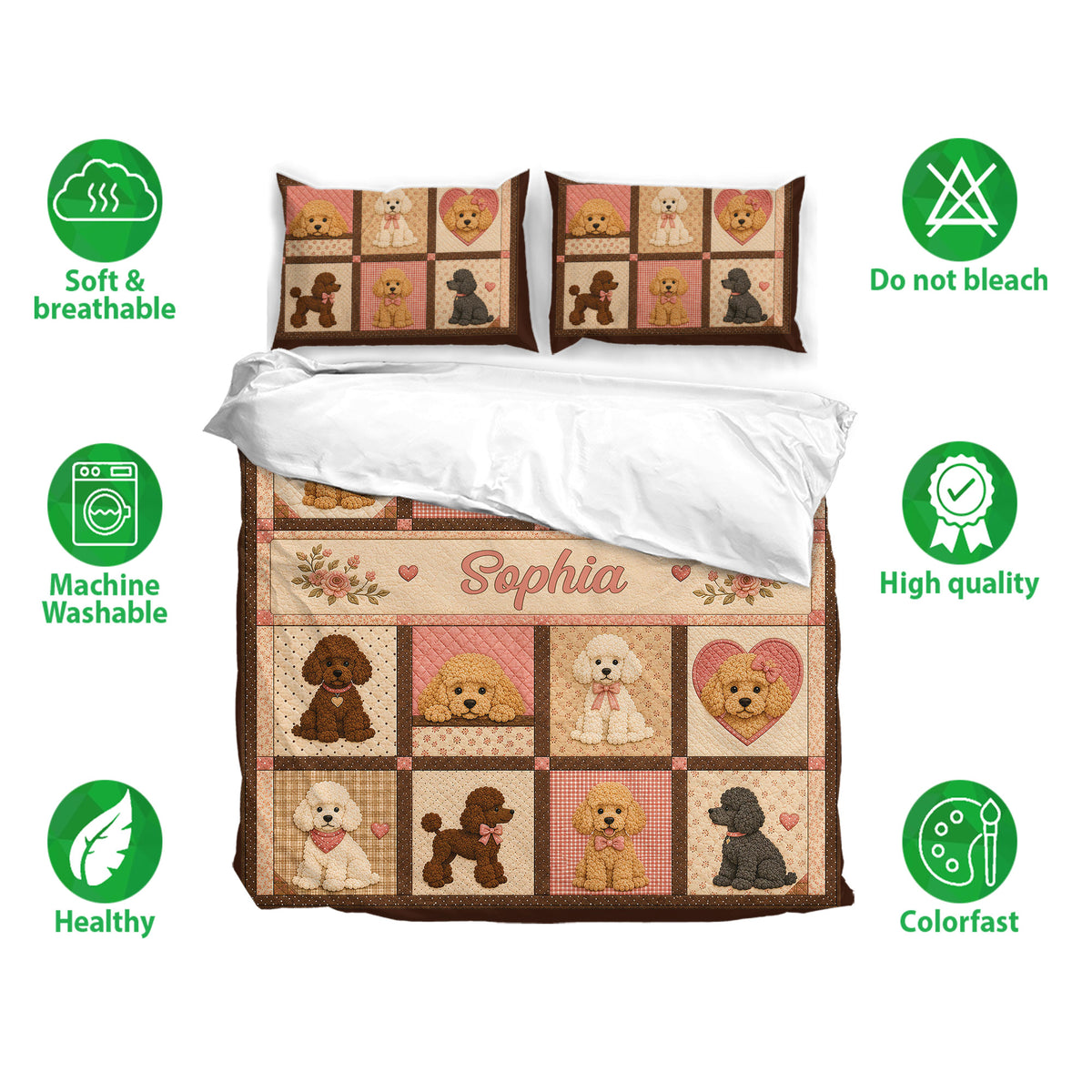 Poodle duvet cover bedding set shown with matching pillowcases and soft breathable fabric icons