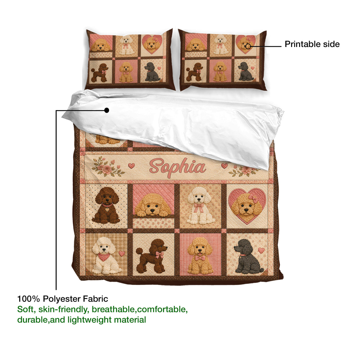 Poodle duvet cover set product guide showing the printable side and lightweight polyester fabric