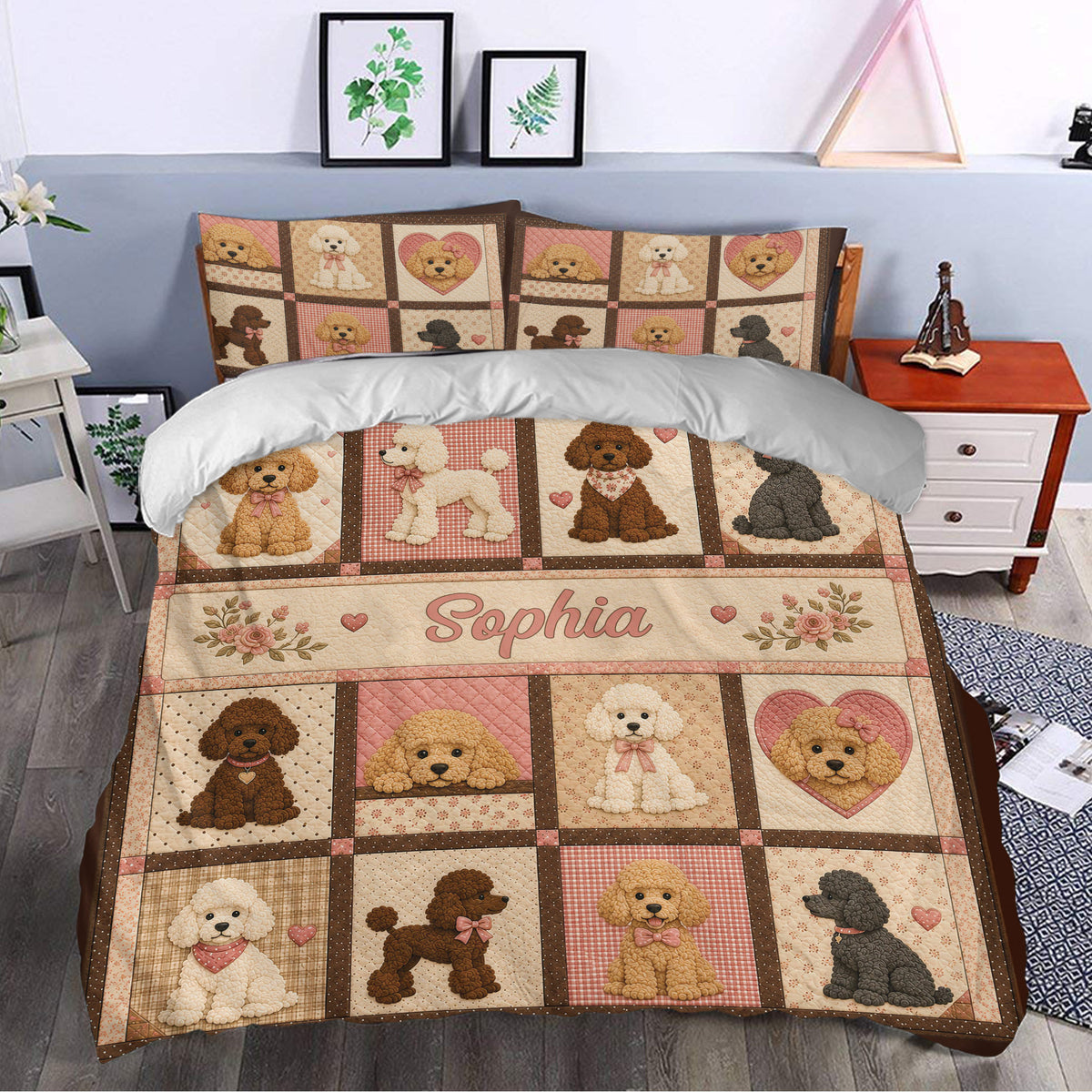 Poodle duvet cover bedding set styled in a bedroom with heart motifs, florals and matching pillows