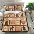 Poodle bedding set displayed on a modern bed with matching pillows and a warm patchwork design