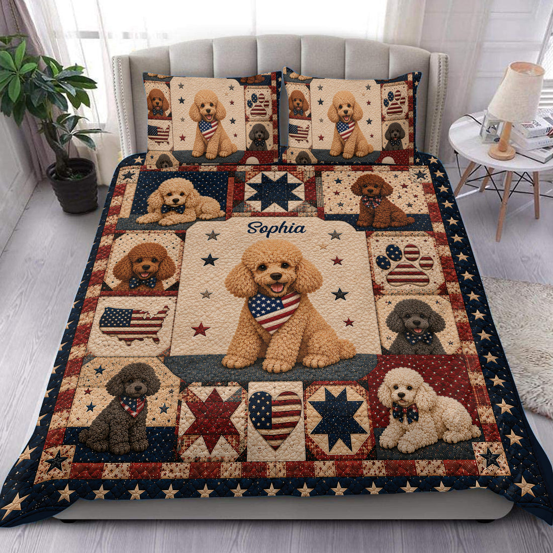 Patriotic poodle duvet cover set displayed on a bed with matching star and flag pillowcases