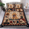 Patriotic poodle duvet cover set displayed on a bed with matching star and flag pillowcases