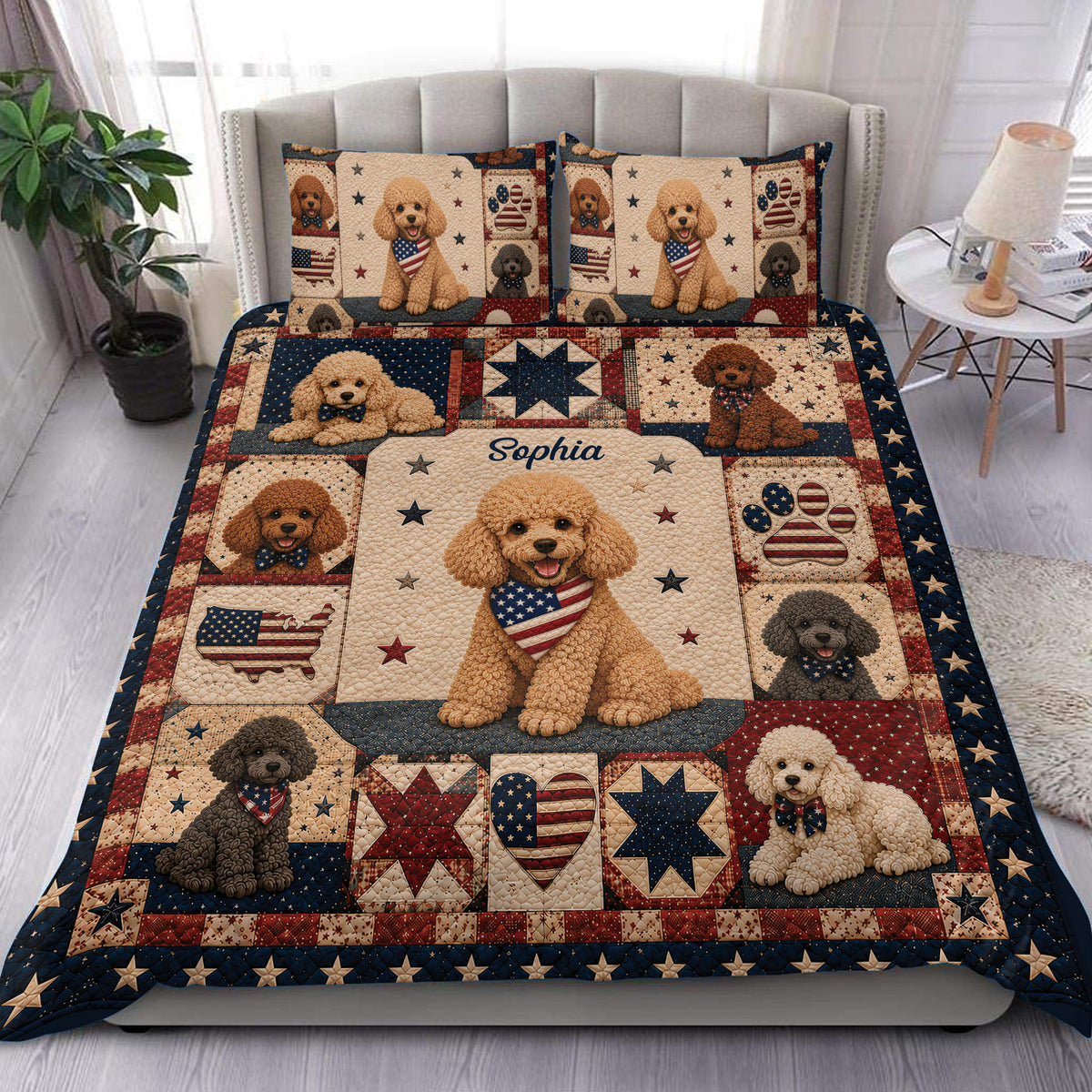 Patriotic poodle duvet cover set displayed on a bed with matching star and flag pillowcases