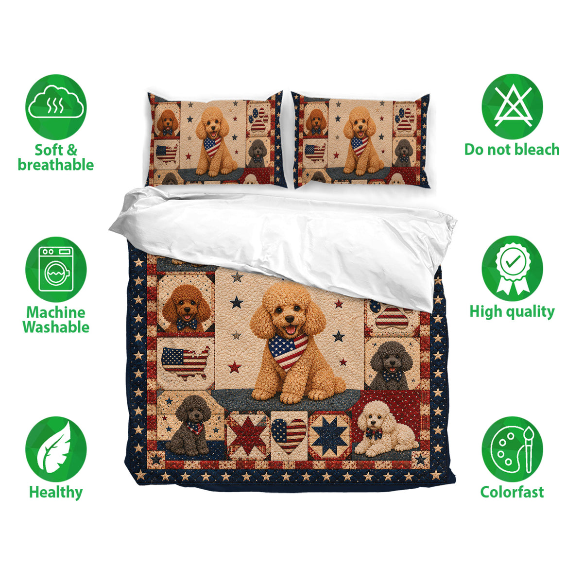 Poodle bedding set shown with matching pillowcases and soft breathable fabric feature icons