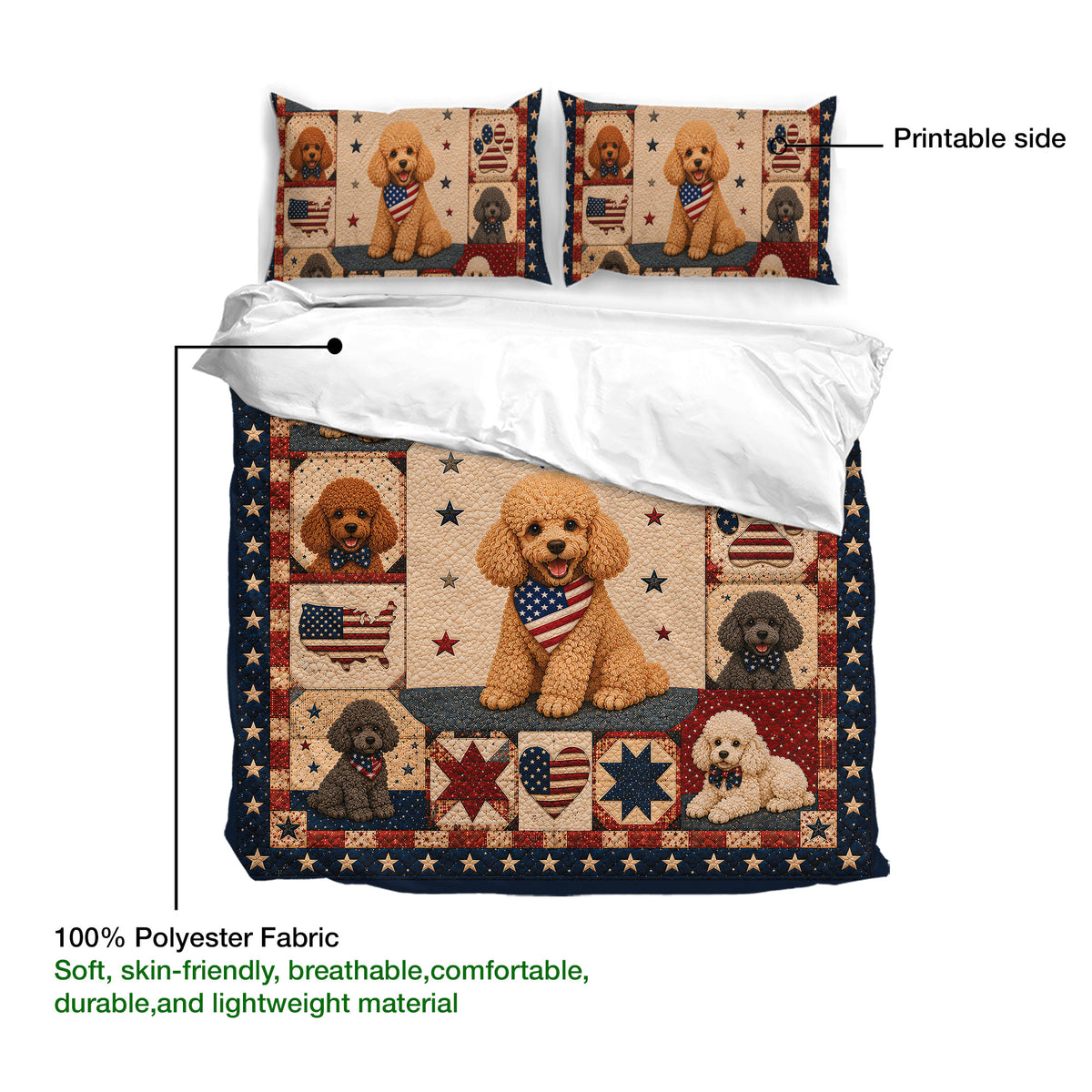 Poodle duvet cover set detail showing printed side, fabric presentation, and matching pillowcases
