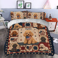 Patriotic poodle duvet cover bedding set styled in a bright bedroom with matching pillows