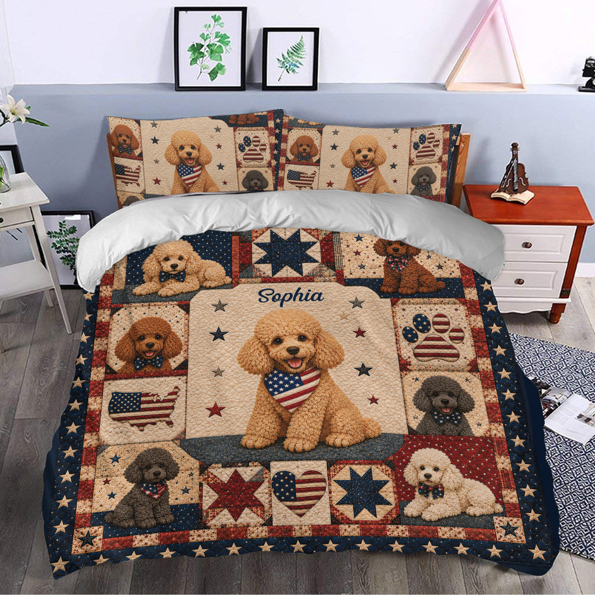 Patriotic poodle duvet cover bedding set styled in a bright bedroom with matching pillows