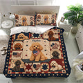 Poodle bedding set displayed in a modern bedroom with red, navy, cream, stars, and flag motifs