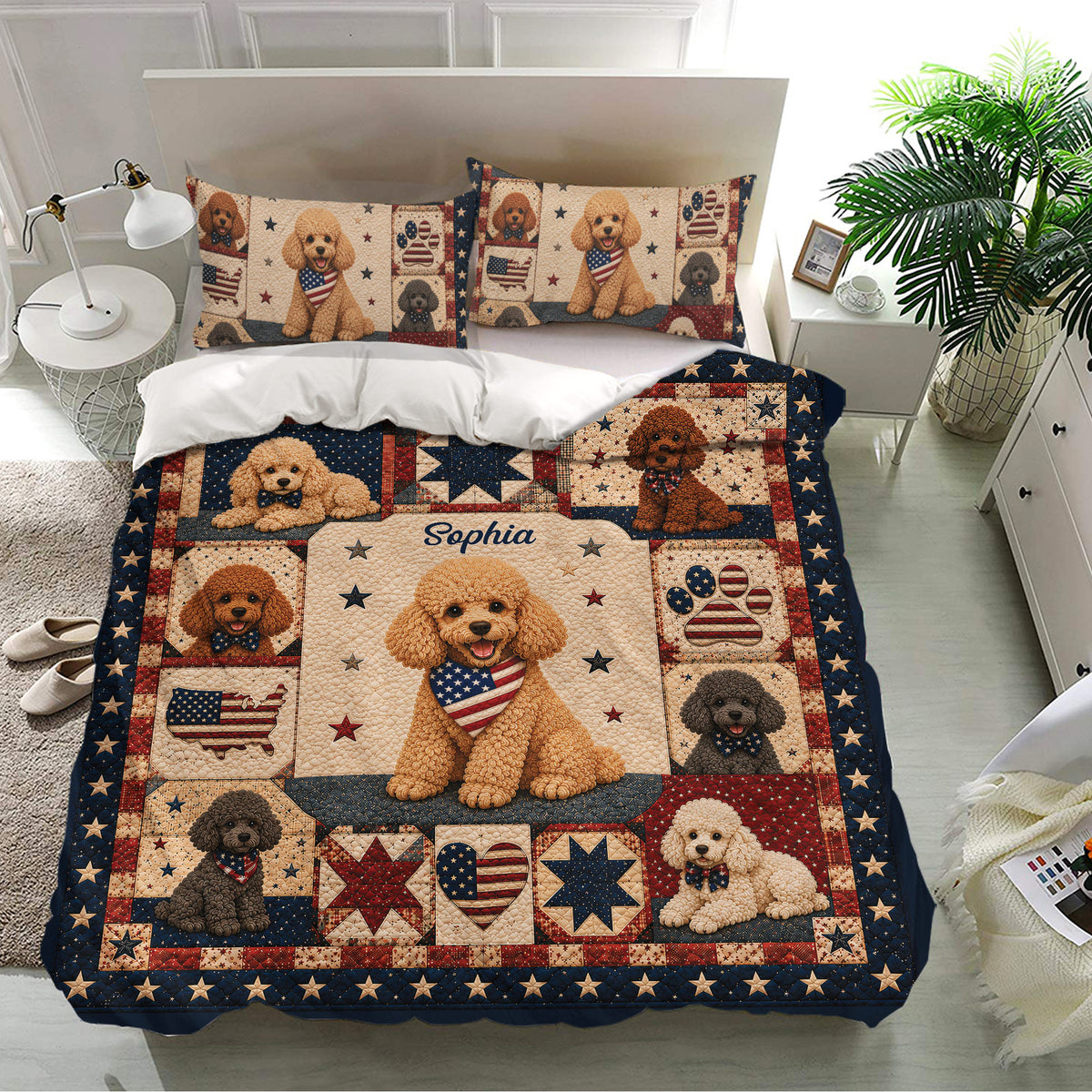 Poodle bedding set displayed in a modern bedroom with red, navy, cream, stars, and flag motifs