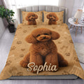 Poodle duvet cover bedding set displayed on a bed with matching pillowcases and paw print design
