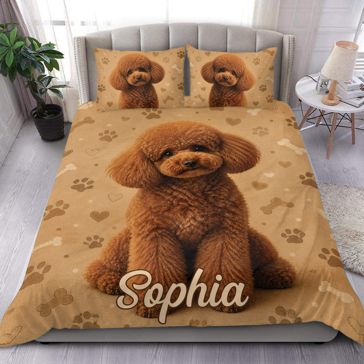 Poodle duvet cover bedding set displayed on a bed with matching pillowcases and paw print design