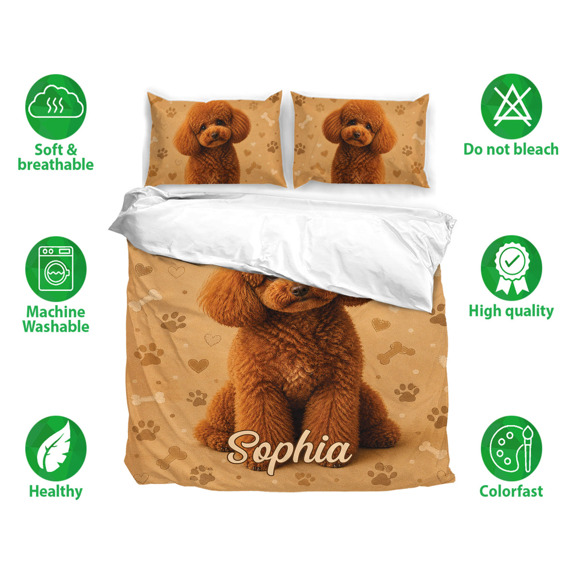Poodle duvet cover set shown with matching pillowcases and soft breathable bedding feature icons