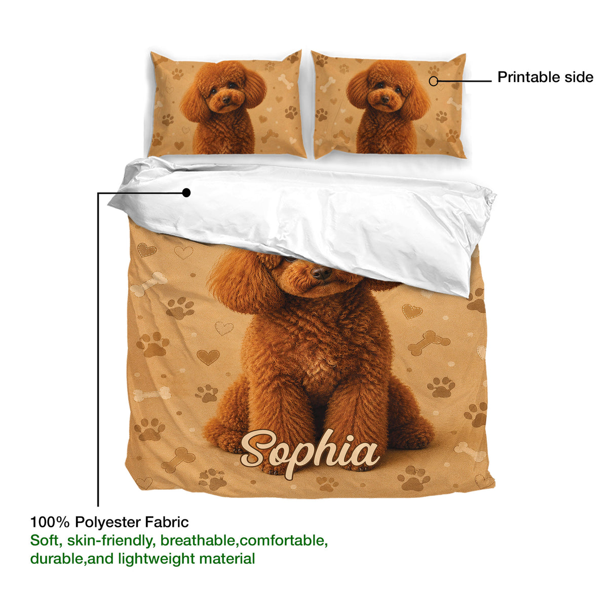 Poodle bedding set detail showing the printed side, lightweight fabric, and coordinated pillowcases