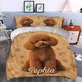 Poodle duvet cover bedding set styled in a bedroom with warm tan tones, hearts, paws, and bones