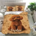 Poodle bedding set presented in a bright bedroom with a large curly dog design and matching pillows