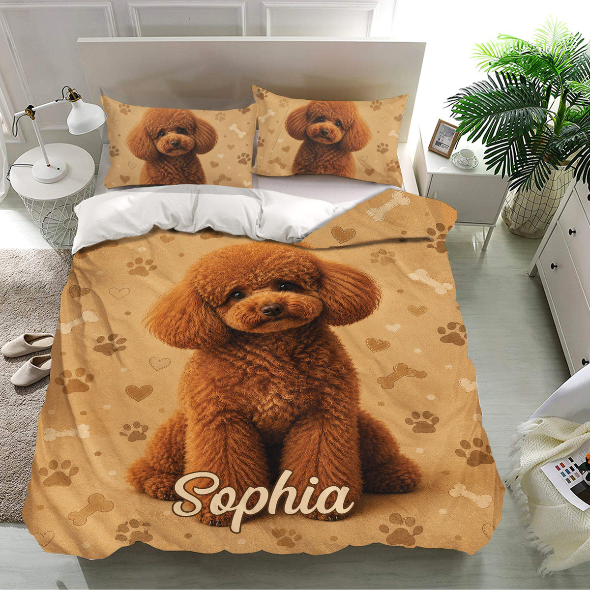 Poodle bedding set presented in a bright bedroom with a large curly dog design and matching pillows