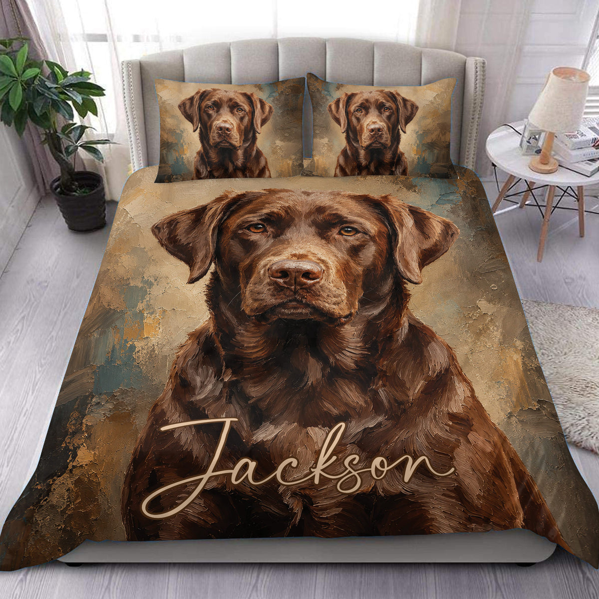 Labrador Retriever duvet cover bedding set displayed on a bedroom bed with brown dog portrait artwork