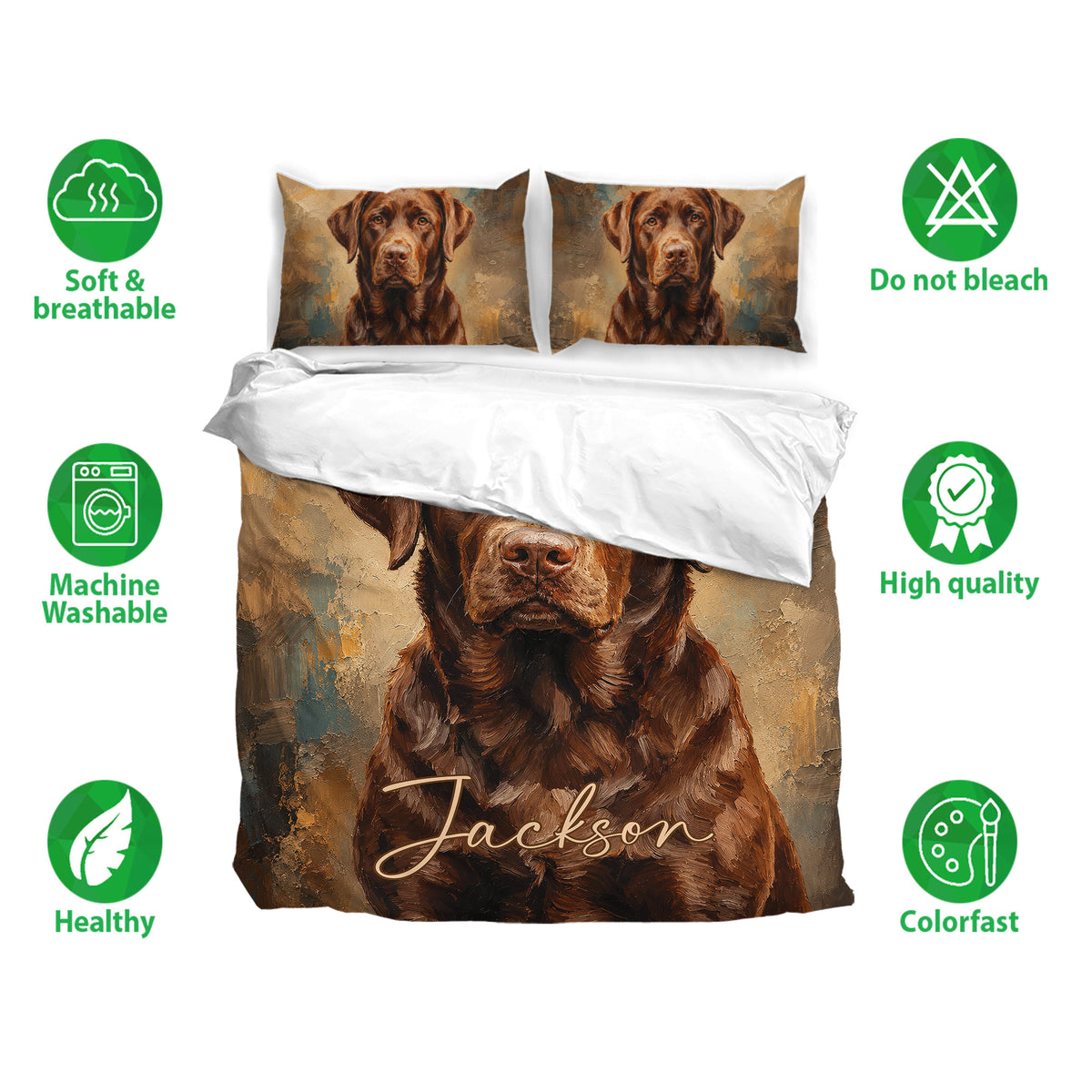 Labrador Retriever bedding set with painted dog portrait design and soft breathable fabric callouts