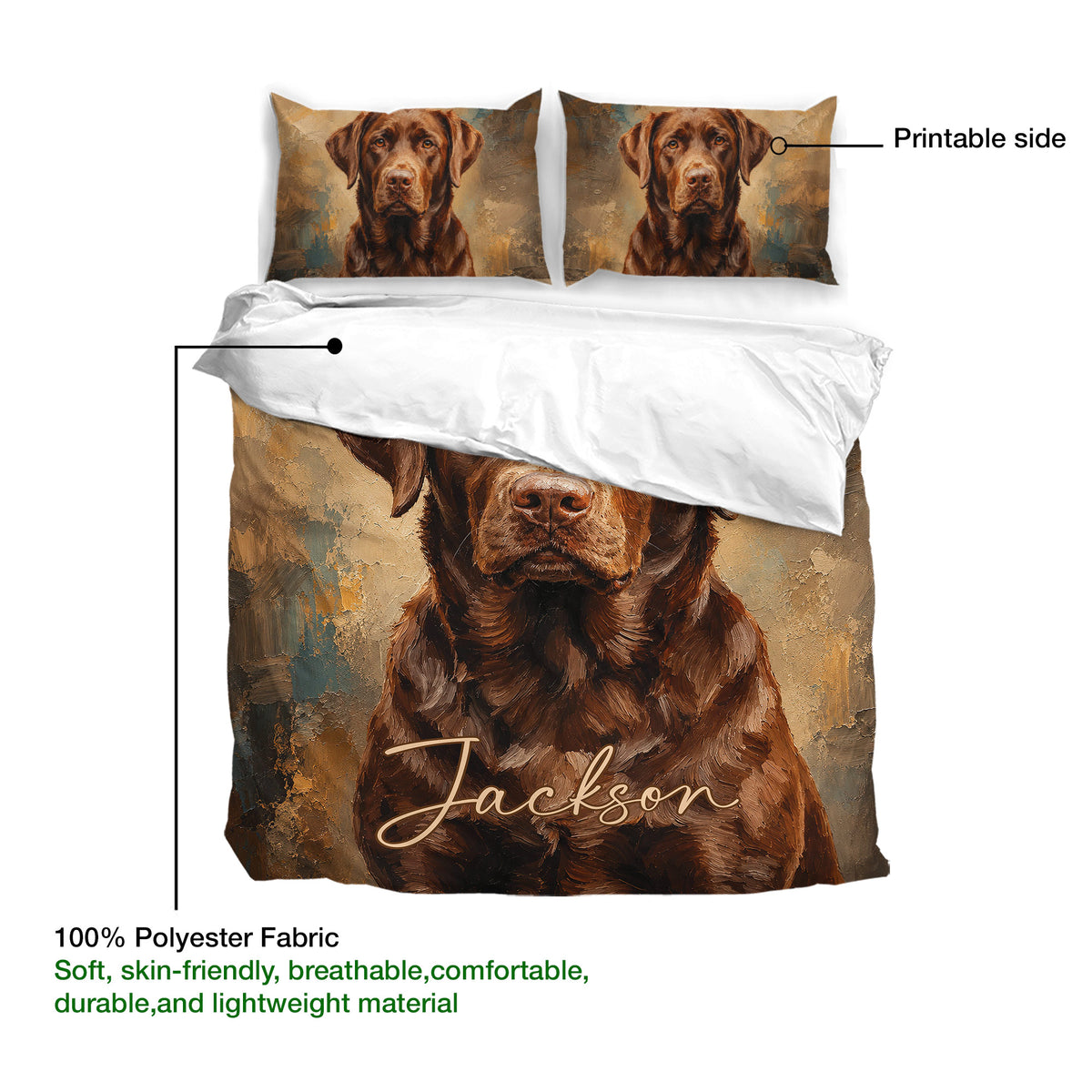 Labrador Retriever duvet cover with painted dog artwork, printable side, and polyester fabric detail