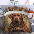 Labrador Retriever duvet cover bedding set styled in a bedroom with large brown dog portrait artwork