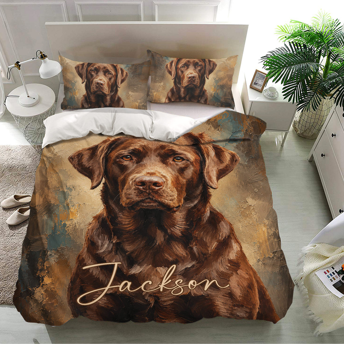 Labrador Retriever bedding set shown in a bright bedroom with matching dog portrait pillowcases