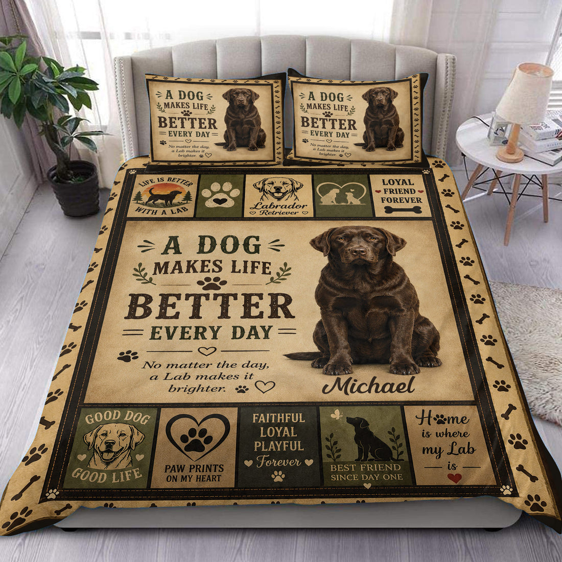 Labrador Retriever duvet cover bedding set in vintage tan artwork with paw prints and matching pillowcases