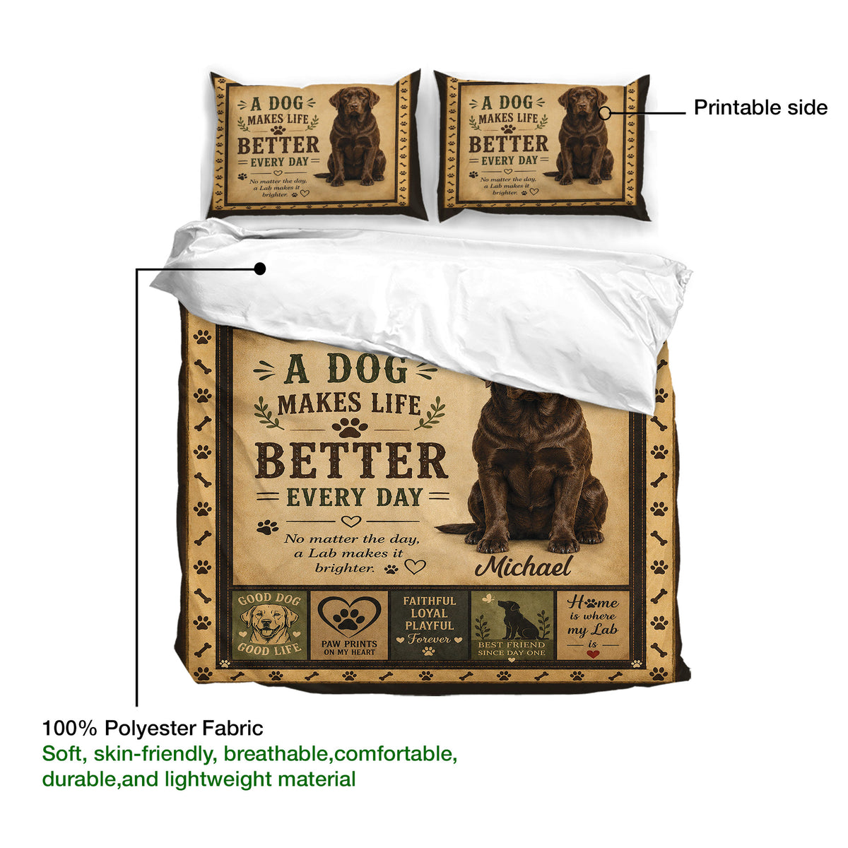 Labrador Retriever duvet cover shown with a printable artwork side and soft lightweight polyester fabric