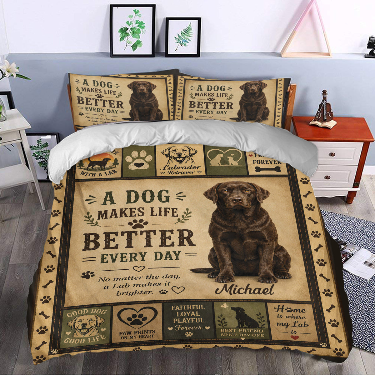 Labrador Retriever duvet cover set styled in a bedroom with vintage dog artwork and coordinated pillowcases