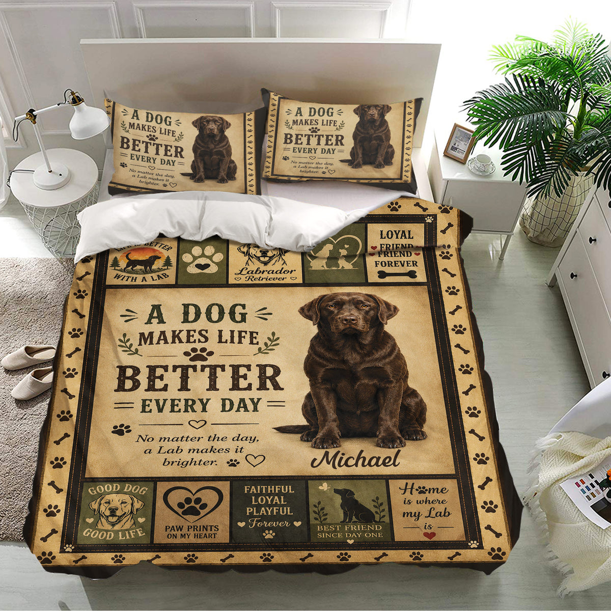 Labrador Retriever bedding set displayed in a bright bedroom with sepia artwork, paw prints, and dog motifs
