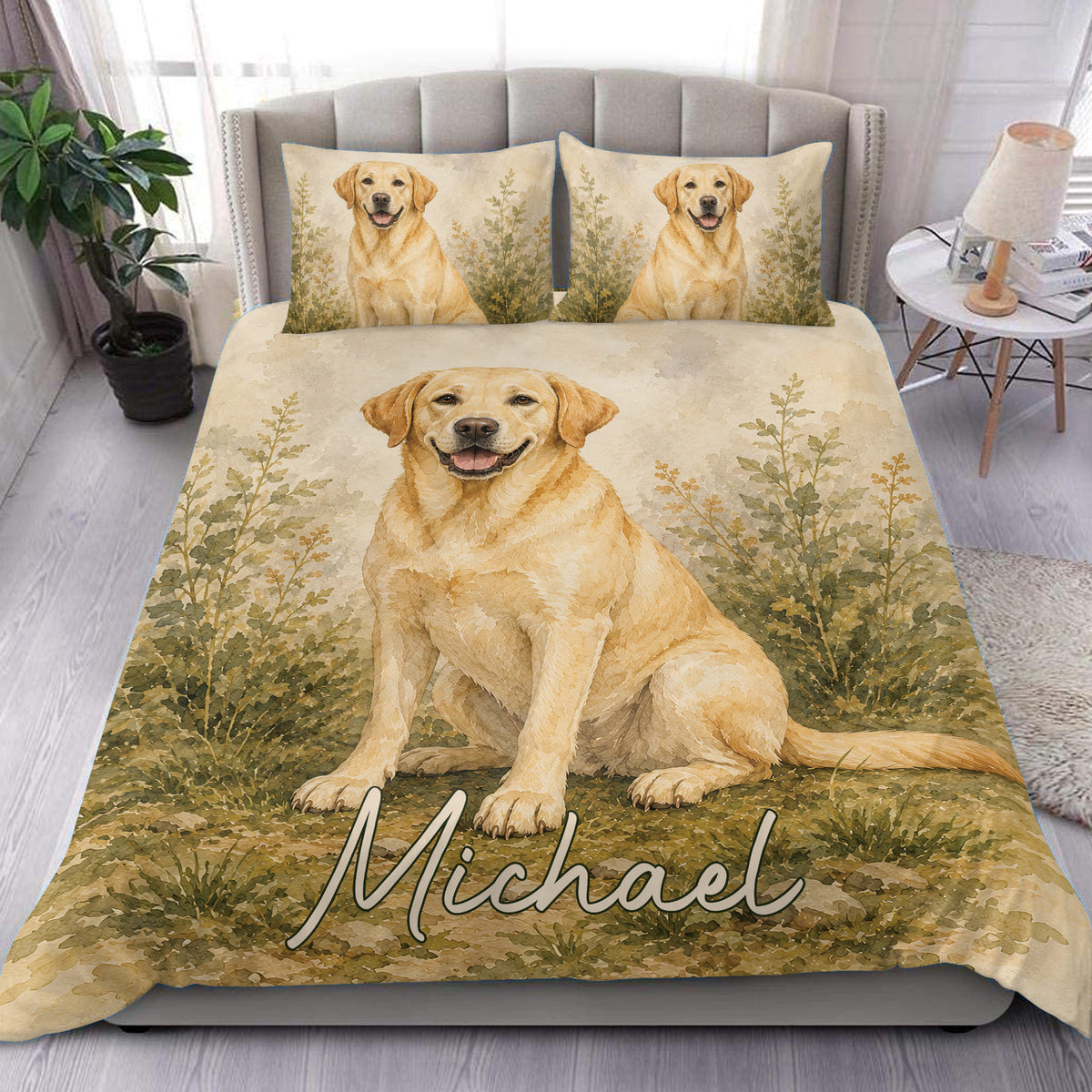 Labrador Retriever duvet cover set displayed on a bed with golden dog artwork and botanical foliage