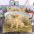 Labrador Retriever duvet cover set styled in a bedroom with golden dog and leafy artwork