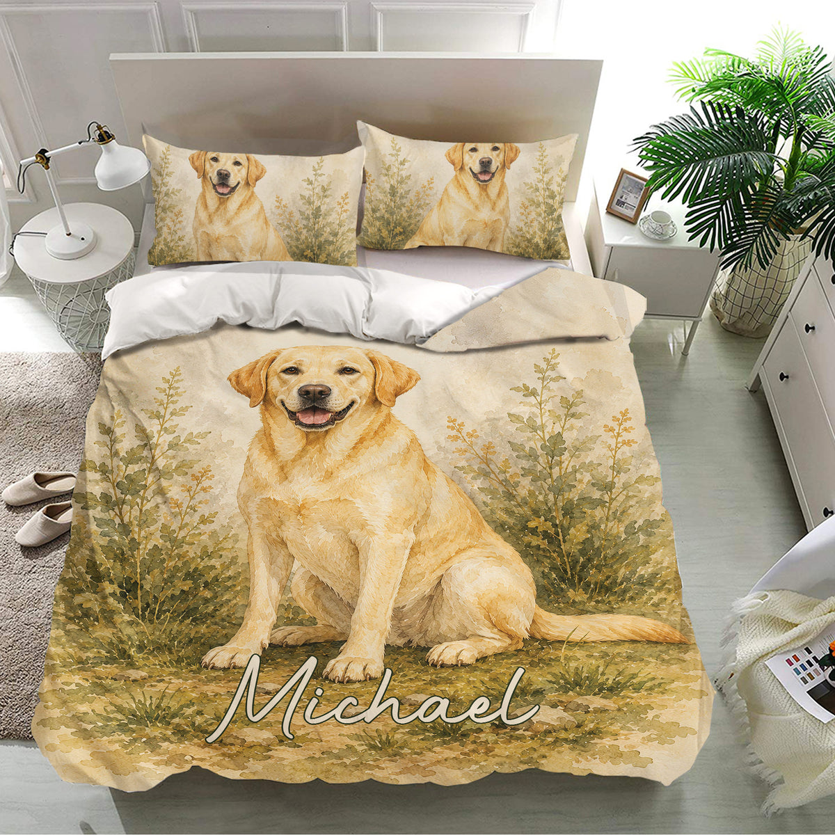 Labrador Retriever bedding set shown in a bright bedroom with botanical dog design