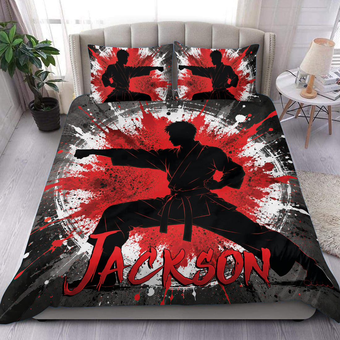 Karate duvet cover set with a black martial artist silhouette and bold red, white, and gray splatter artwork