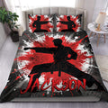 Karate duvet cover set with a black martial artist silhouette and bold red, white, and gray splatter artwork
