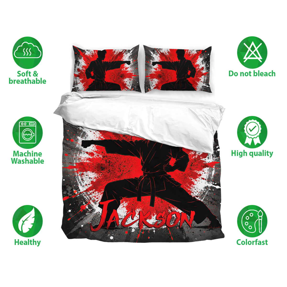 Karate bedding set displayed with matching pillowcases, featuring dramatic red, black, white, and gray artwork