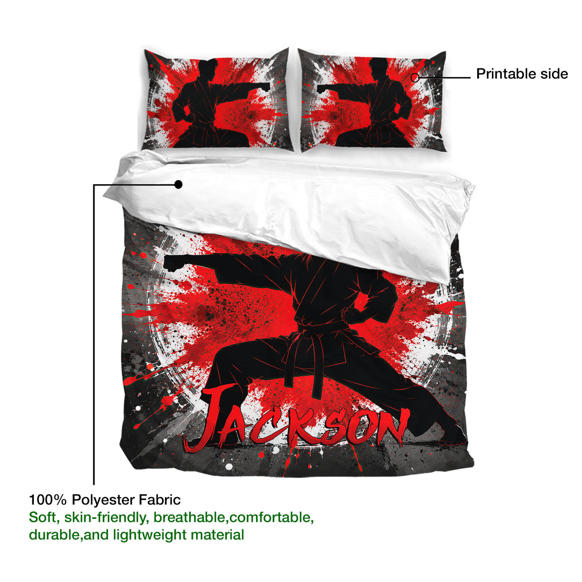 Karate duvet cover bedding set with martial artist artwork and a bold red, black, and white graphic design