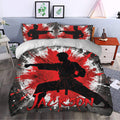 Karate bedroom decor featuring a striking martial artist duvet cover in red, black, white, and gray