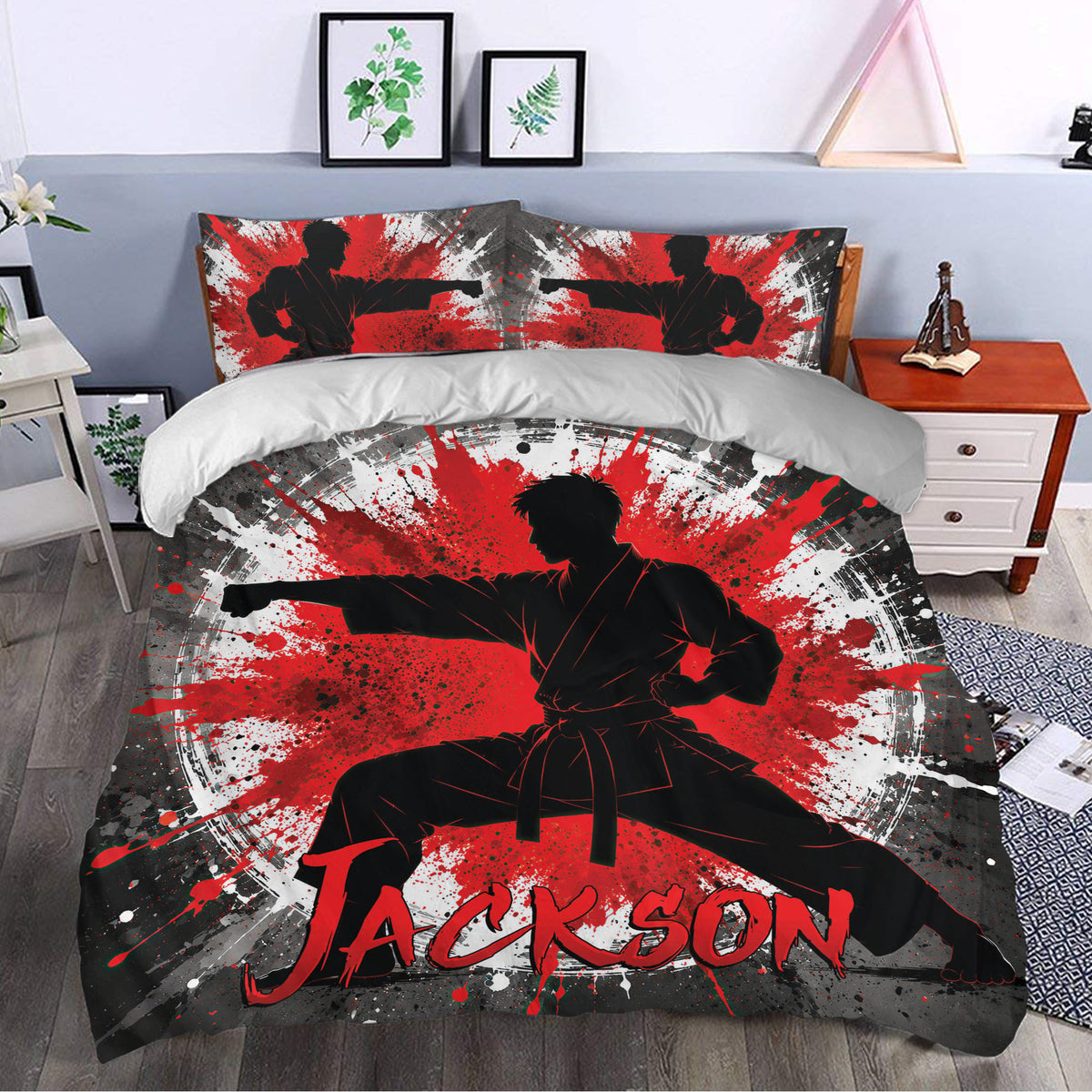 Karate bedroom decor featuring a striking martial artist duvet cover in red, black, white, and gray