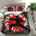 Karate duvet cover set styled in a bright bedroom with matching martial arts pillowcases and vivid graphic artwork