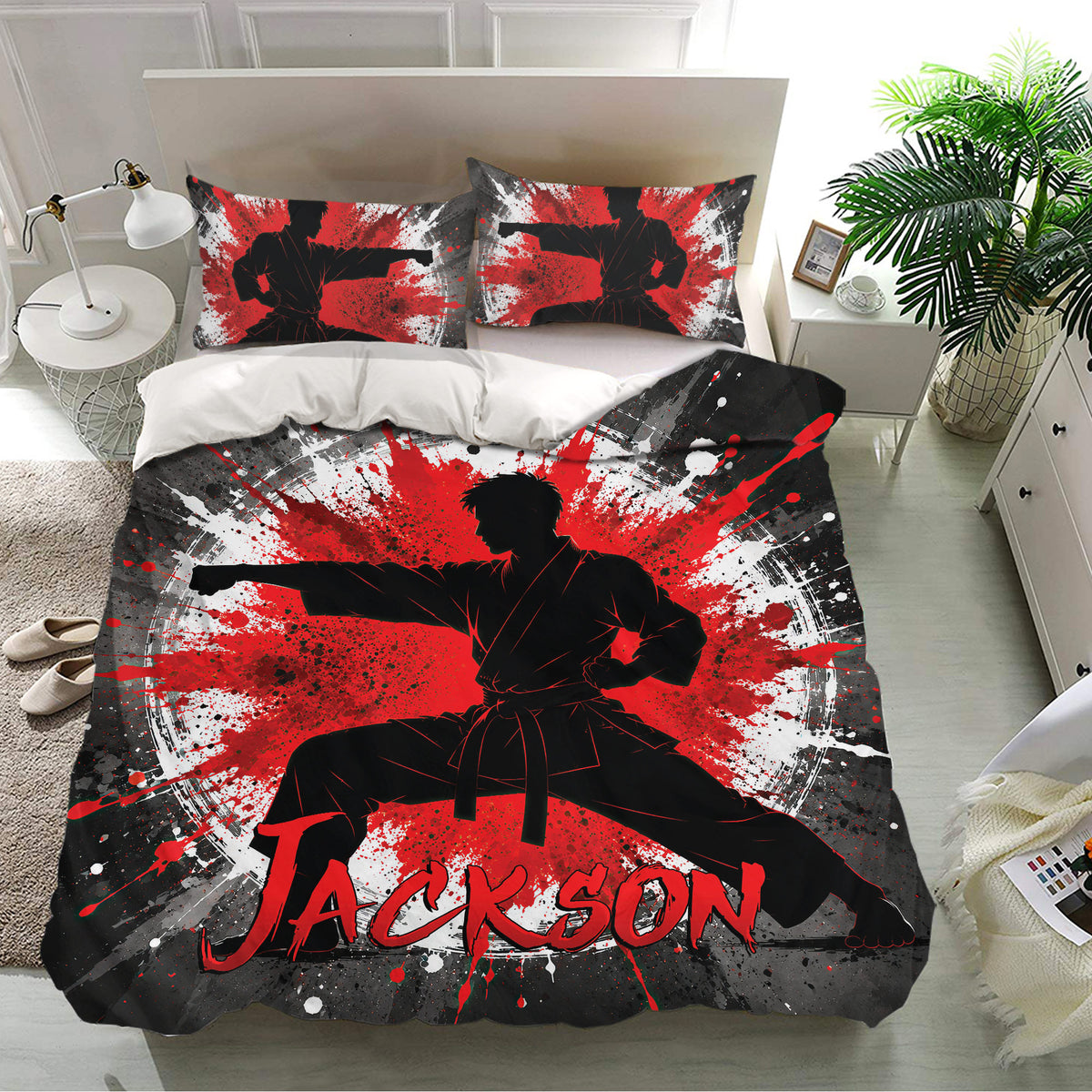 Karate duvet cover set styled in a bright bedroom with matching martial arts pillowcases and vivid graphic artwork
