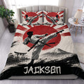 Karate duvet cover set featuring a martial artist, red sun, mountain landscape, and Japanese-inspired scenery