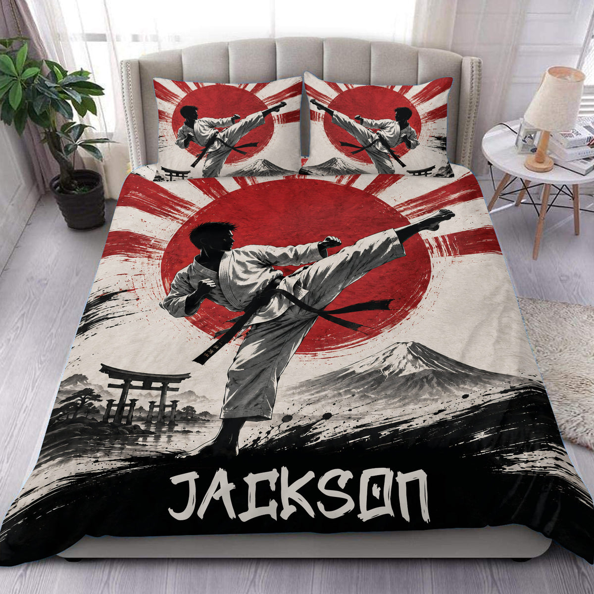 Karate duvet cover set featuring a martial artist, red sun, mountain landscape, and Japanese-inspired scenery