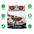Karate bedding set displayed with matching pillowcases and a bold red, black, and white martial arts design